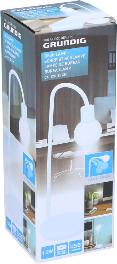 Grundig Bureaulamp - 12 x 35 CM - Flexibele Nek - Batterijen/ USB - Wit