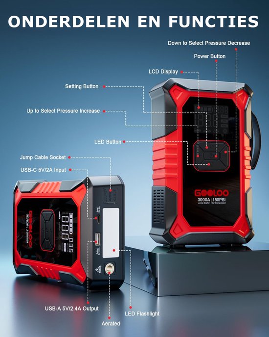 GOOLOO A3 - Draagbare Jumpstarter met Compressor & Powerbank - 3000A - 12V Voertuigen - USB Snelladen - Compact Design - LED Zaklamp - Voor Auto, Motor & Boot