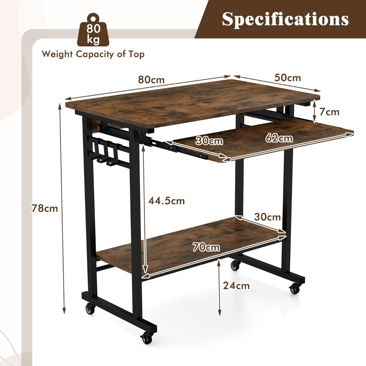 Coast Computertafel op wieltjes - met toetsenbordplank en opbergrek - vintage bruin - 80 x 50 x 78 cm