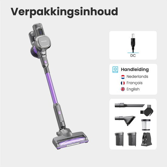 Auronic Steelstofzuiger Draadloos 220W - Draadloze Stofzuiger - HEPA Filter - Zelfstaand - Extra Accu - Op Accu - Zonder Zak - Kruimeldief - Vacuum Cleaner - Grijs/Paars