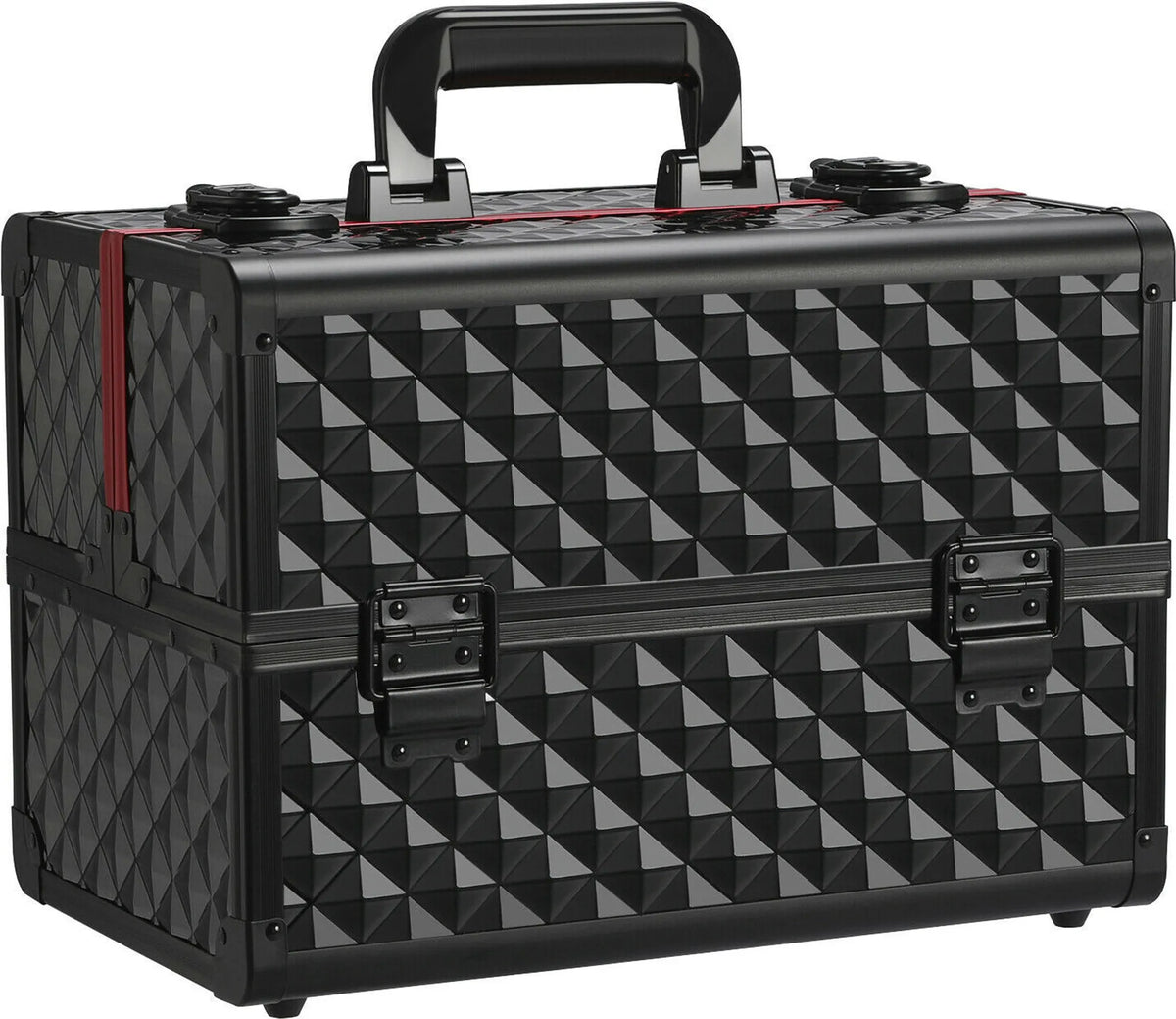 Yaheetech Make-upkoffer Met 3 Lagen – 34,7 x 22,2 x 25 cm – Voorzien Van Verstelbare Tussenschotten En Fluwelen Voering En Slot Met Sleutels – Voor Kappers En Visagisten – Zwart En Rood Aluminium