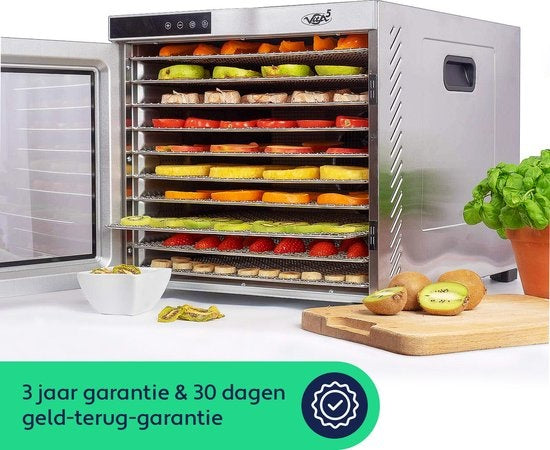 Vita5 Nobel Pro 10 XXL Droogoven - Dehydrator 10 Laags - RVS - 24-Uurs Timer - Led-bedieningspaneel - 1000 Watt - Zilver - 53x54x43 cm