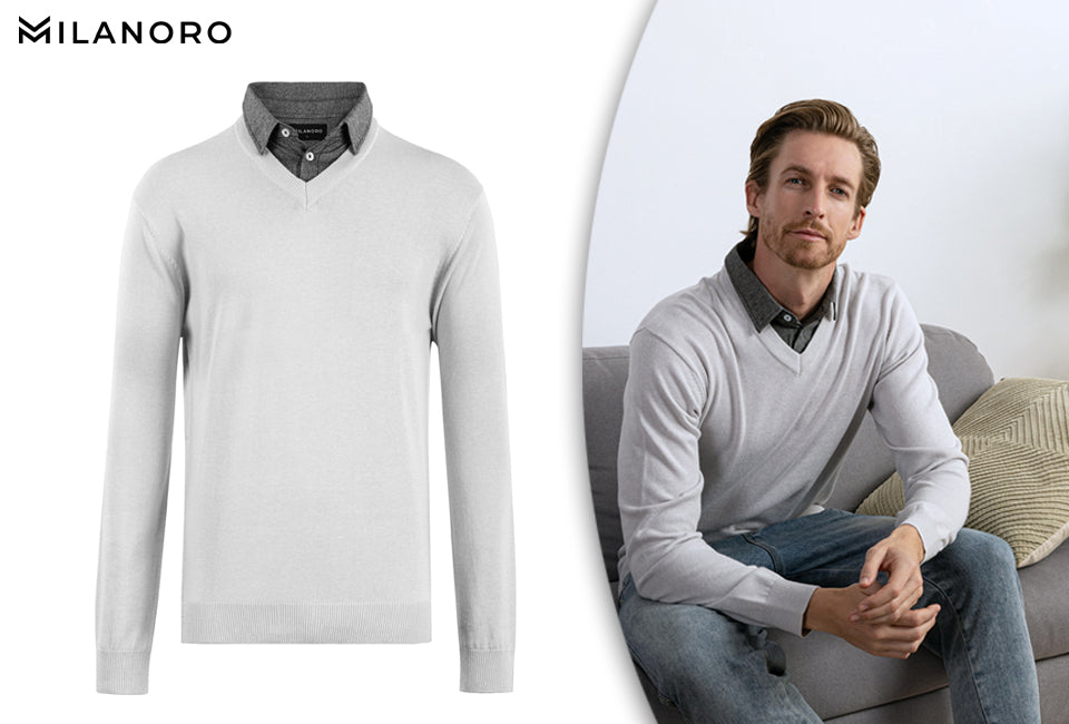 Milanoro Herenpullover met Overhemdkraag – Lichtgrijs – Maat XXL – Elegante Pasvorm