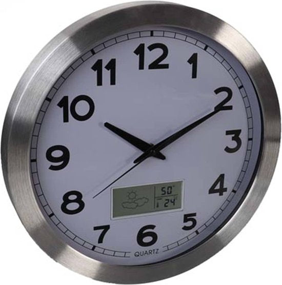 Perel Wandklok, rond, analoog, 35 cm, lcd-scherm met thermometer, hygrometer en weersvoorspelling, aluminium, zilver