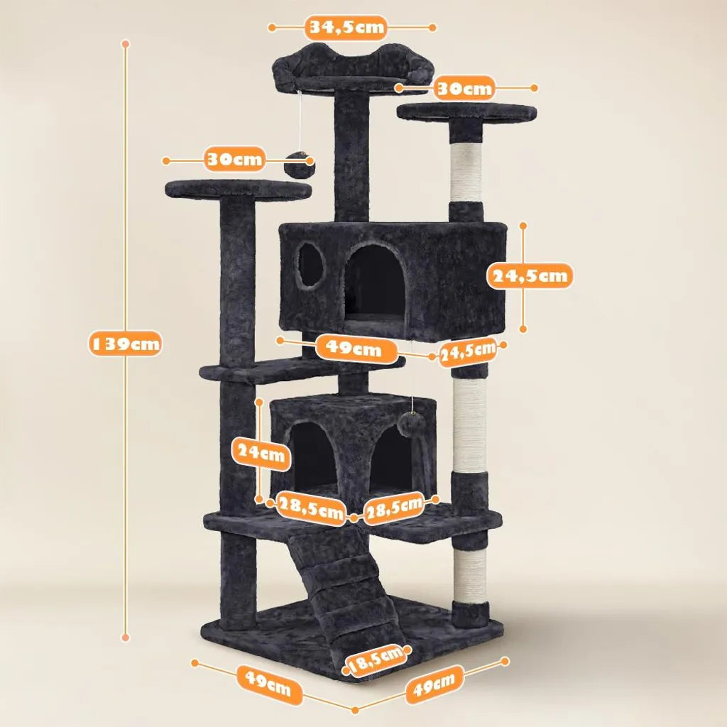 Yaheetech Kattenkrabpaal- 139 cm Hoog - 3 Uitkijkplatformen - 2 Knusse Kattenverblijven - Zwart