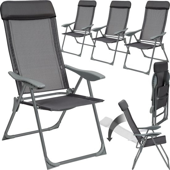 tectake®- Set van 4 Tuinstoelen met Hoge Rugleuning - Aluminium - Klapstoel 5-voudig Verstelbaar met Armleuningen - Fauteuil met Ligfunctie - Tuinmeubelen voor Terras en Camping - Antraciet