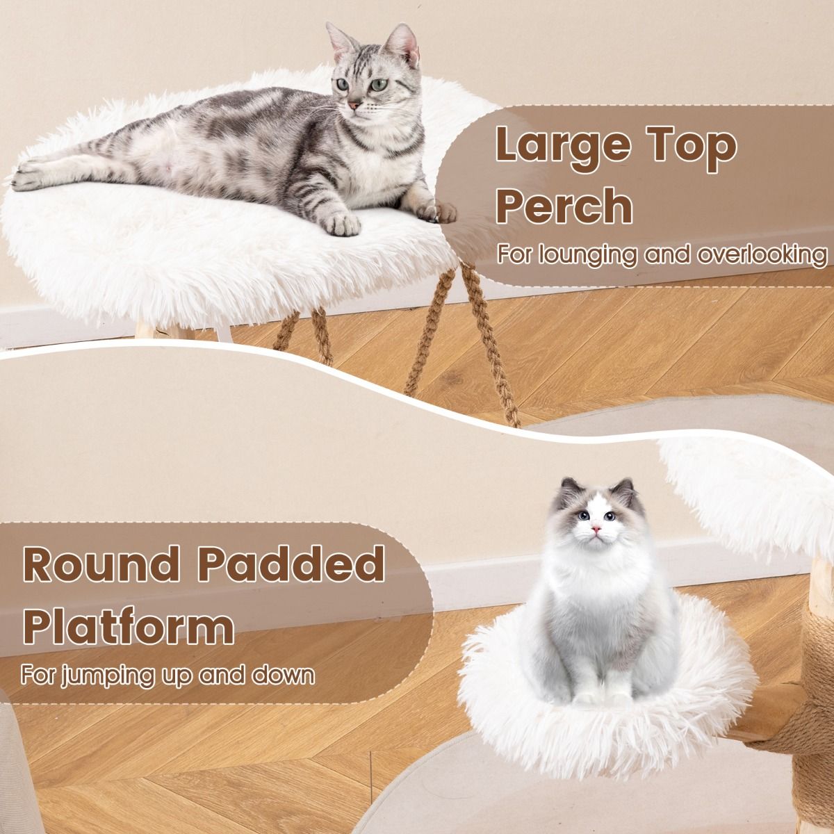 Coast Krabpaal voor Katten - Massief hout met hangwieg en sisal - Natuur en wit - 64 x 44 x 66 cm