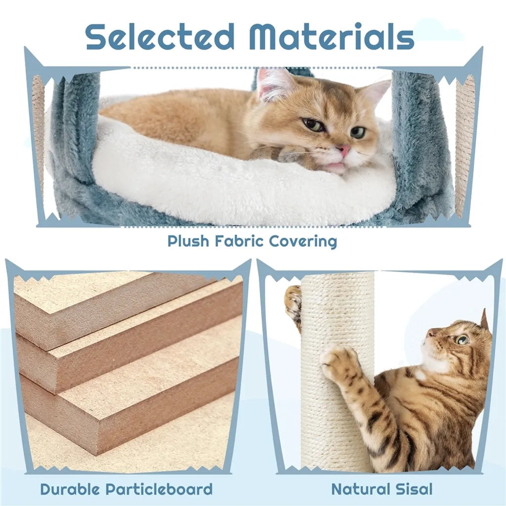 Yaheetech Kattenboom Ocean Style 115 cm – Blauw/Wit – Krabpaal met Kattenhuis, Ligmand, Plateau en Sisalpalen
