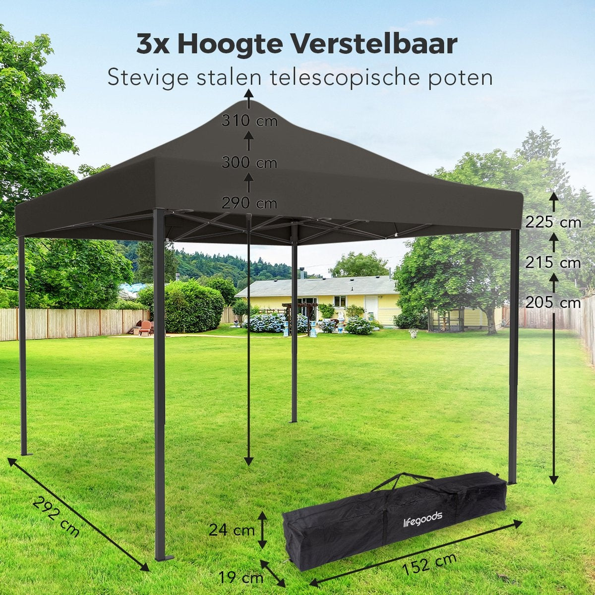 LifeGoods Partytent - Paviljoen - EasyUp - Opvouwbaar - Waterdicht - Met Draagtas - 300 x 300 cm - Antraciet