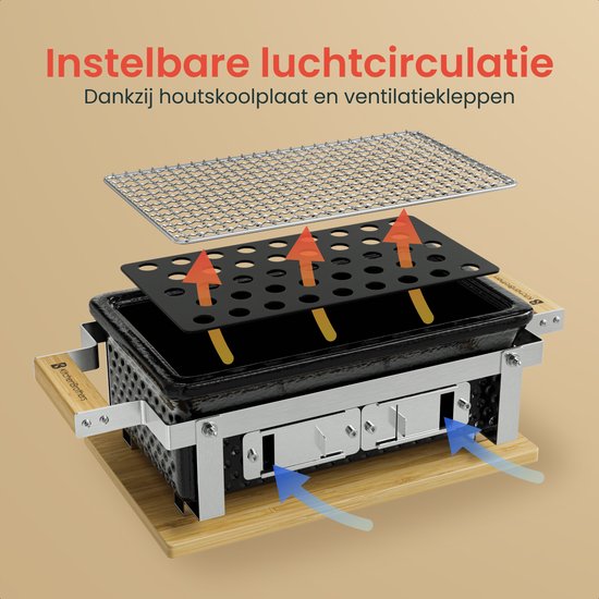 KitchenBrothers Kamado Hibachi Grill - Met Grillrek en Stokjes - Houtskool Barbecue - PFAS-vrij - Shichirin Tafelgrill - Rechthoekige BBQ - Keramische Barbecue - Zwart