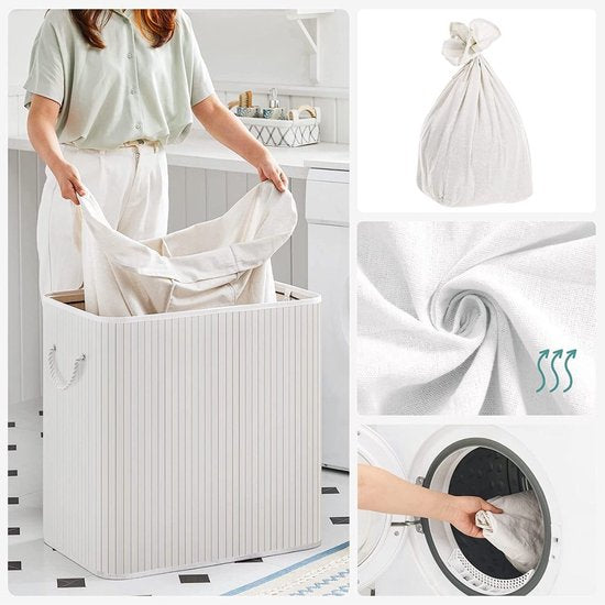 SONGMICS - Wasmand 150 liter - 3 sorteervakken - 60x40x61.5 - bamboe met stof - wit LCB091W01