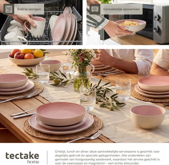tectake® Serviesset Mare - 24-delig - Aardewerk met Glanzend Glazuur - 6 Persoons - Handgemaakt Servies - Moderne Bordenset met Grote en Kleine Borden, Kommen, Schaaltjes - Vaatwasser- en Magnetronbestendig - Roze