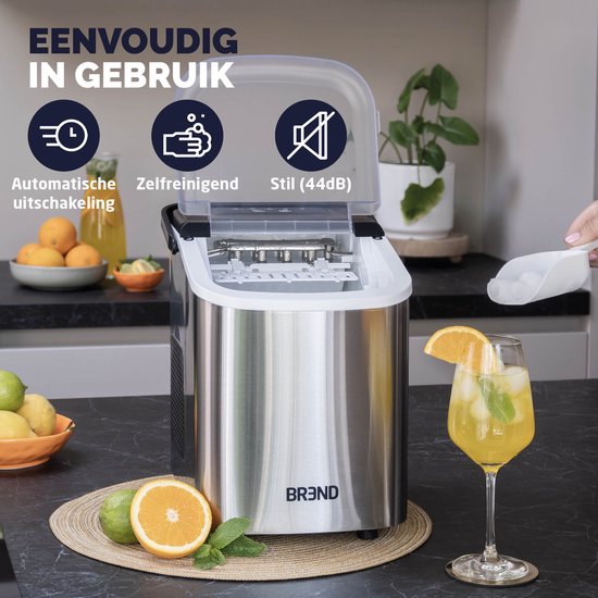 BREND BR-2213 IJsblokjesmachine met Schep en Lekbak - Grote L of Kleine S Ijsklontjes - Draagbare IJsblokjesmaker – 10 kg in 24 uur - Zilver
