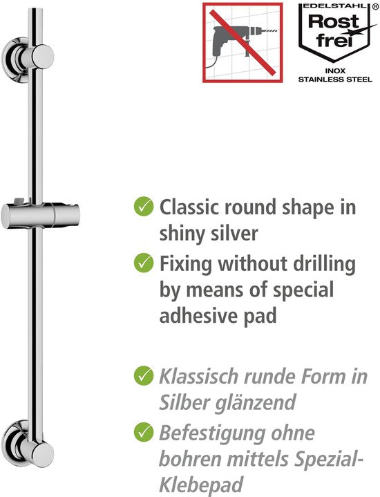 WENKO Douchestang RVS chroom, lengte 70cm, diameter 22mm, met douchekophouder en 2 wandsteunen - Glijstang chroom - Bevestigen zonder boren