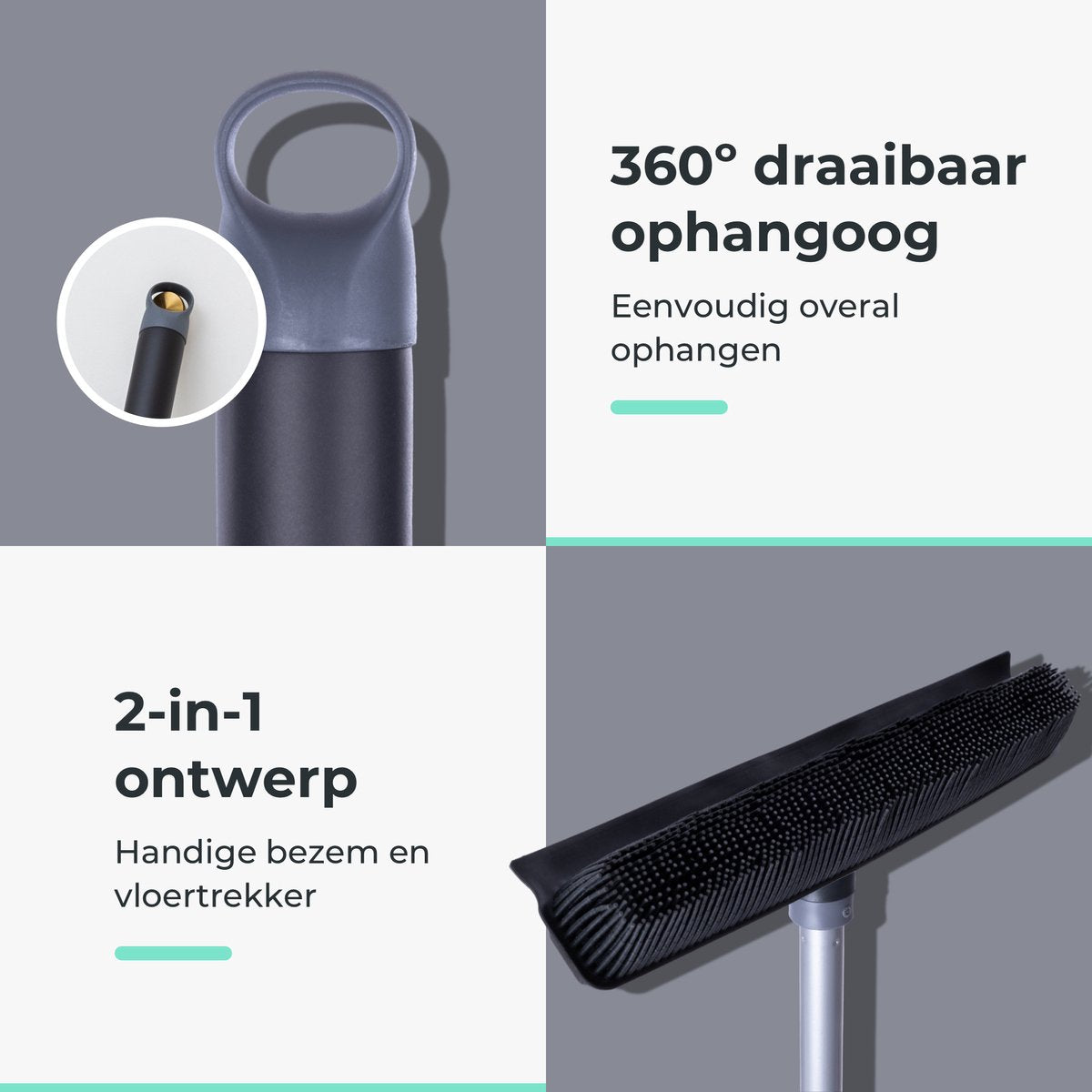 CLEANLY Rubberen Bezem met Vloertrekker 34 cm – Kappersbezem Binnen en Buiten – Verstelbare Steel 114-142 cm – Zwart/Grijs