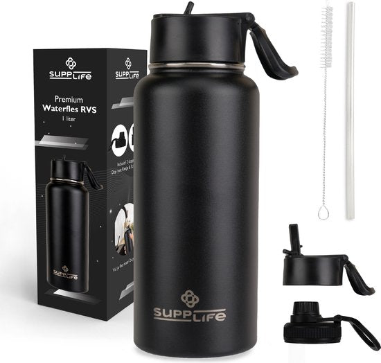 Supplife Luxe RVS Thermosfles / Drinkfles - 1 Liter - BPA & Lek Vrij - Waterfles met Rietje - Dubbelwandige Isolatie - Thermosbeker - Schenkdop en Dop met Rietje - Inclusief Schoonmaakborsteltje - Zwart