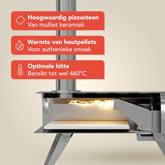 KitchenBrothers Pizza Oven - Houtgestookt - Tafelmodel - Met Beschermhoes - PFAS-vrij - Inklapbaar - Pizzasteen - tot 460°C Pizza maker - Complete Set - Pizzaoven voor Buiten - RVS