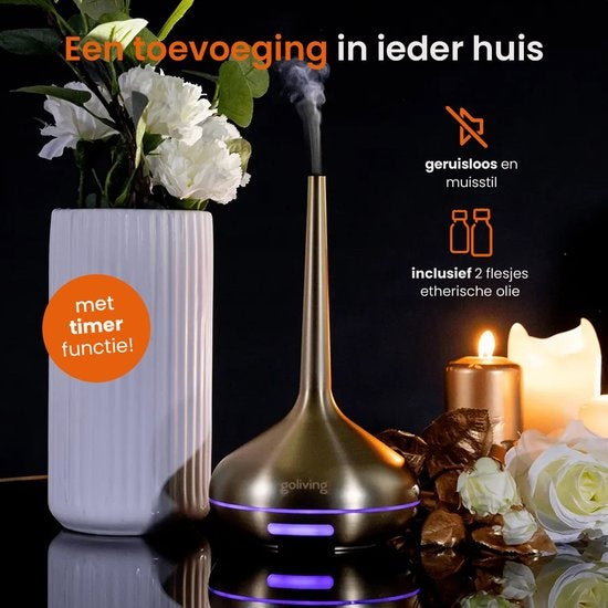 Goliving Aroma Diffuser - Luchtbevochtiger - Aromatherapie - Incl. 2x Etherische Olie - 10 LED kleuren - Geurverspreider - Goud