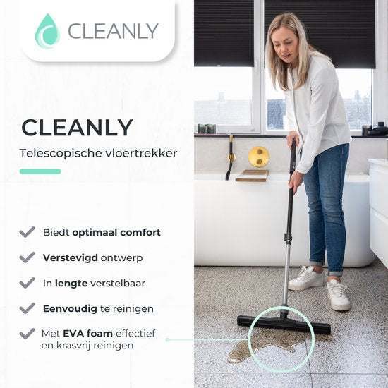 CLEANLY Vloertrekker met Steel Telescopisch 114-142 cm - Vloerwisser Badkamer - Watertrekker - Douchewisser - Dubbel EVA Foam - Breedte 43,5 cm - Zwart, Grijs