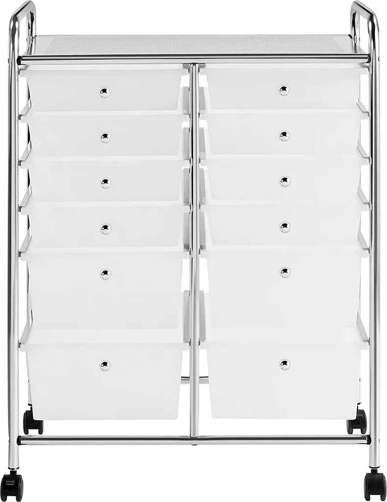 Rolwagen met 12 Lades op Wielen Metalen Frame en Handgrepen Wit 63 × 38,5 × 82 cm