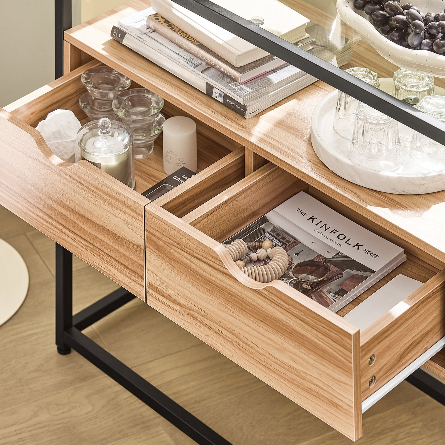 SoBuy Bijzettafel met Glazen plaat - Met 2 Lades - 81 x 35 x 78 cm - Hout/ Ijzer