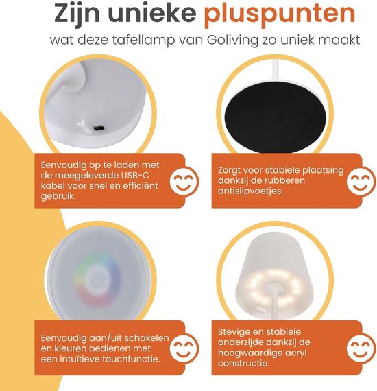 Goliving Chroma Tafellamp Oplaadbaar – Draadloos en Dimbaar – Touch Lamp – Nachtlamp Slaapkamer & Woonkamer – RGBW – 37,5 cm – Wit