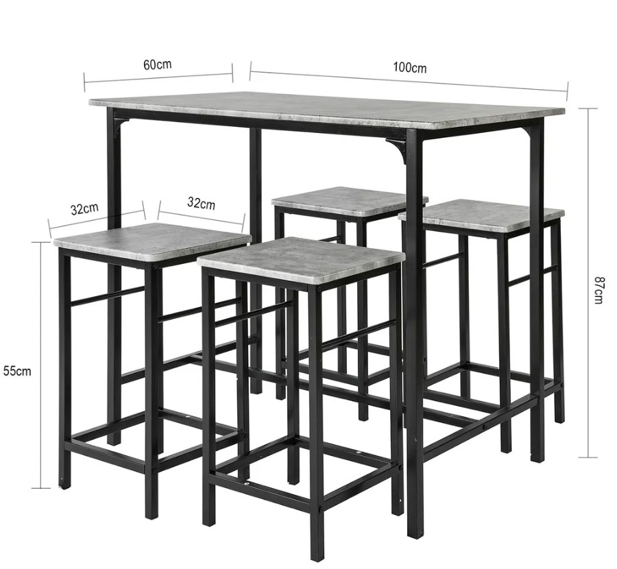 SoBuy Bartafel - 4 Krukken - Bartafelset - 5 Delig - 100 x 87 - 60 cm - tot 120 Kg -  Grijs /Zwart