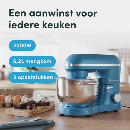 KitchenBrothers Keukenmachine - Keukenrobot - 6,2L - Mixer met Mengkom - Keukenmixer - 2000W - Pastel Blauw