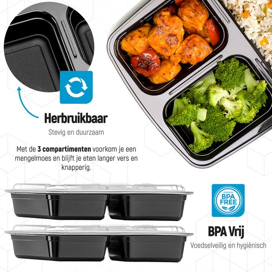 Fitcrafters Meal Prep Bakjes - Vershoudbakjes - Diepvriesbakjes - 20 Stuks - 3 Compartimenten - 1L - BPA vrij
