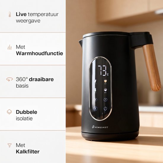 HomeShift® Waterkoker met Temperatuurregeling - Warmhoudfunctie - Dubbelwandig - Elektrisch - 1,7 Liter - 2200W - Zwart / Hout