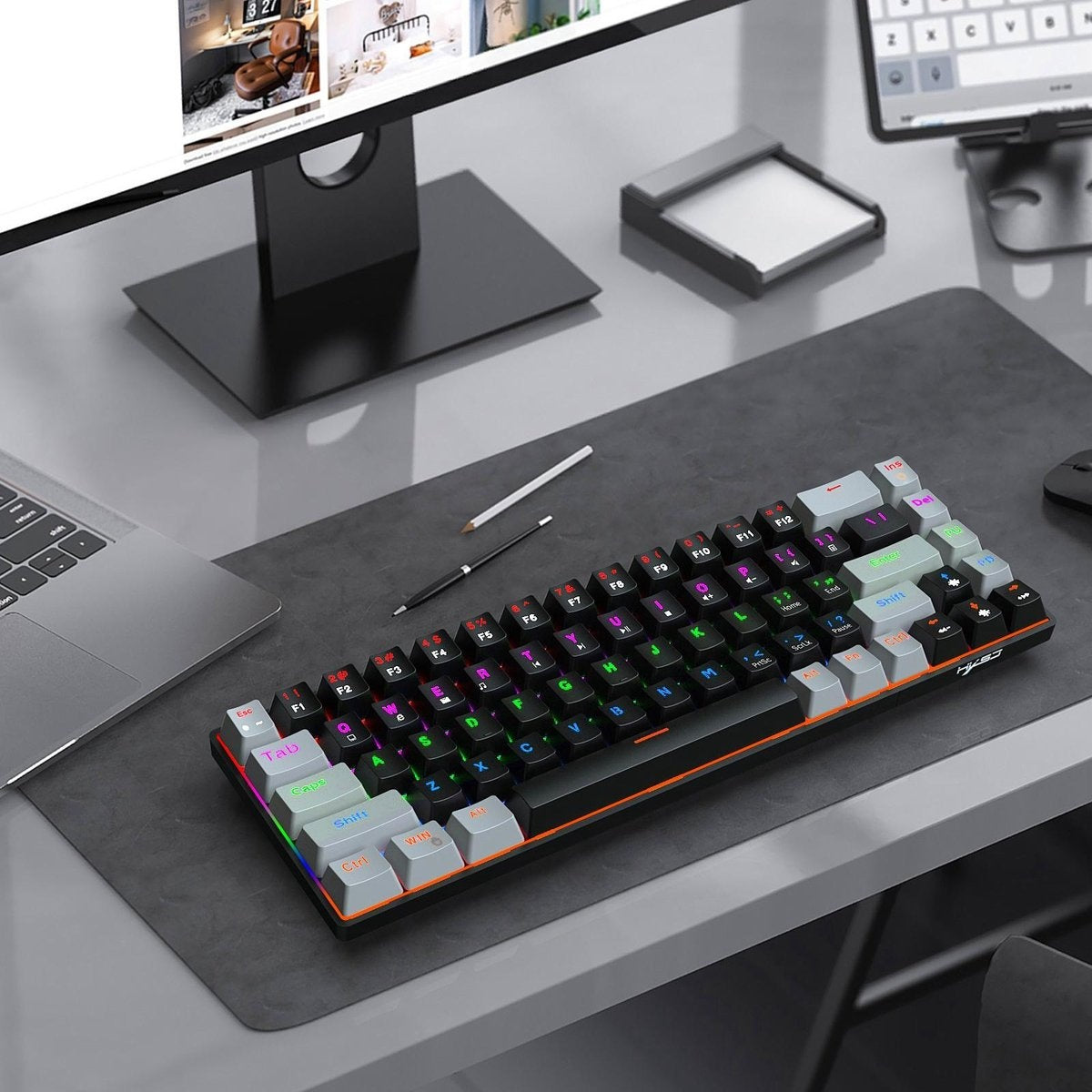 HXSJ V800 RGB Mechanisch gaming toetsenbord - QWERTY - 68 Keys - Blue Switch - Zwart grijs