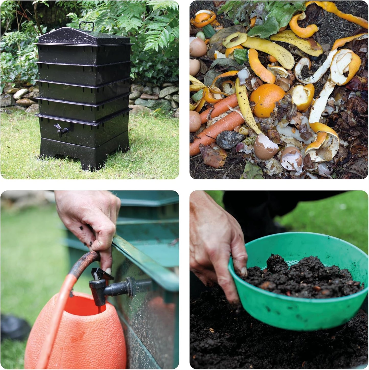 Billiebin Wormcomposter 4 Etages – Startset met Compostwormen, Kokossteen en Substraat – 40 x 40 x 80 cm – Groen