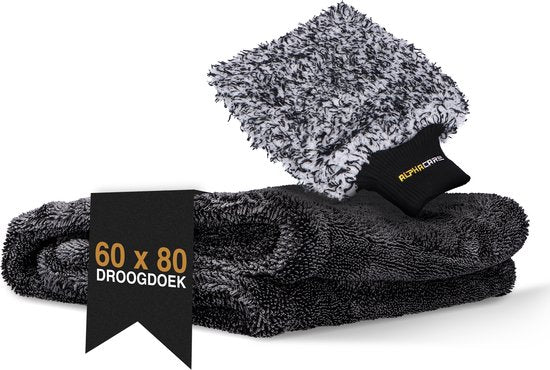 ALPHACARE - Droogdoek + Washandschoen Auto - Motor - Badkamer - Quick Dry - 60 x 80 - 600 GSM - Grijs
