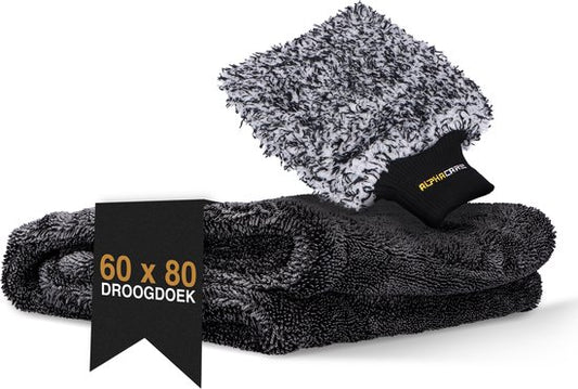 ALPHACARE - Droogdoek + Washandschoen Auto - Motor - Badkamer - Quick Dry - 60 x 80 - 600 GSM - Grijs