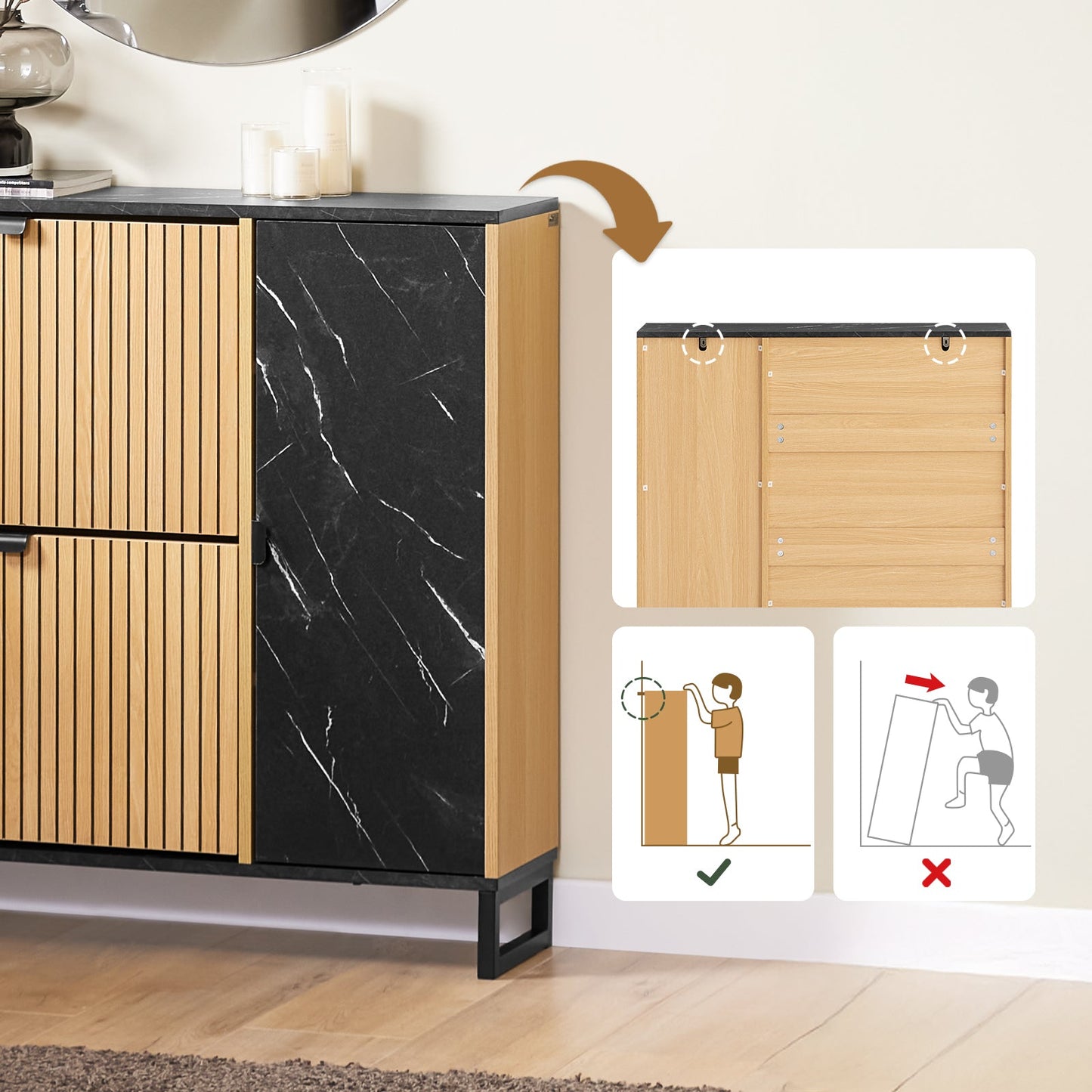 SoBuy FSR203-N Smalle Schoenenkast voor Entree, 2 Kleppen en Zijdeur, Scandinavisch Design, Compact, Zwart en Licht Hout, 90 x 24 x 88 cm