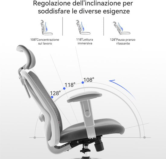 SIHOO M18 Ergonomische Bureaustoel-Ademend Mesh Design-Verstelbare Hoofdsteun & Lendensteun-Grijs