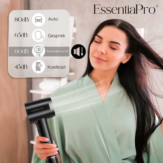 Sansbeauté® Föhn met Diffuser – Krullen – 110.000RPM - Ionische Haardroger met Borstel - 3 Standen - 3 Opzetstukken – Reisföhn - Coolshot – Haarföhn met Diffuser – Hair Dryer - 2000W - EssentiaPRO®