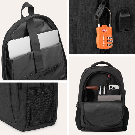 TRVLMORE Rugzak met Levenslange - Rugtas met 15,6 Inch Laptopvak - Schooltas - Spatwaterdicht - Heren en Dames - Jongens en Meisjes - 28L - Zwart