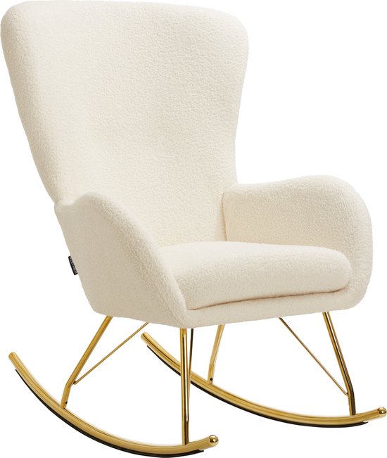 tectake® Swing Schommelstoel – Gestoffeerde Bouclé Fauteuil met Stalen Glijders en Extra Dik Zitkussen – Scandinavisch Design, Onderhoudsvriendelijk en Ergonomisch – creme/goud