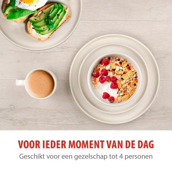 alpina Serviesset 16-Delig - Bordenset 4 Persoons - Aardewerk Servies - Ontbijtborden, Dinerborden, Kommen en Mokken - Magnetron en Vaatwasser Bestendig - Créme