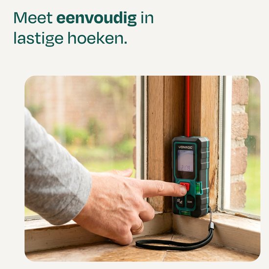 VONROC Laser Afstandsmeter – 50 meter bereik – Zeer compact formaat – meet afstand, oppervlakte, volume, Pythagorisch – Incl. handige rekenfuncties – Incl. batterijen