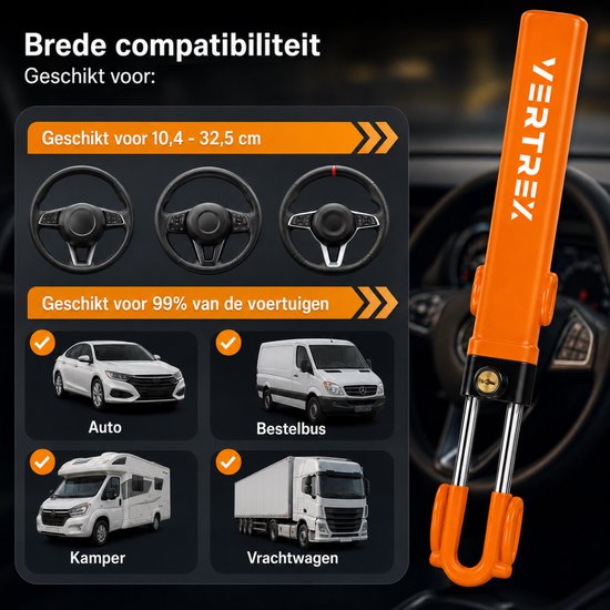 Vertrex Stuurslot Auto - Anti-Diefstal - Universeel voor Auto & Camper - Zichtbare Afschrikking - met 2 Sleutels