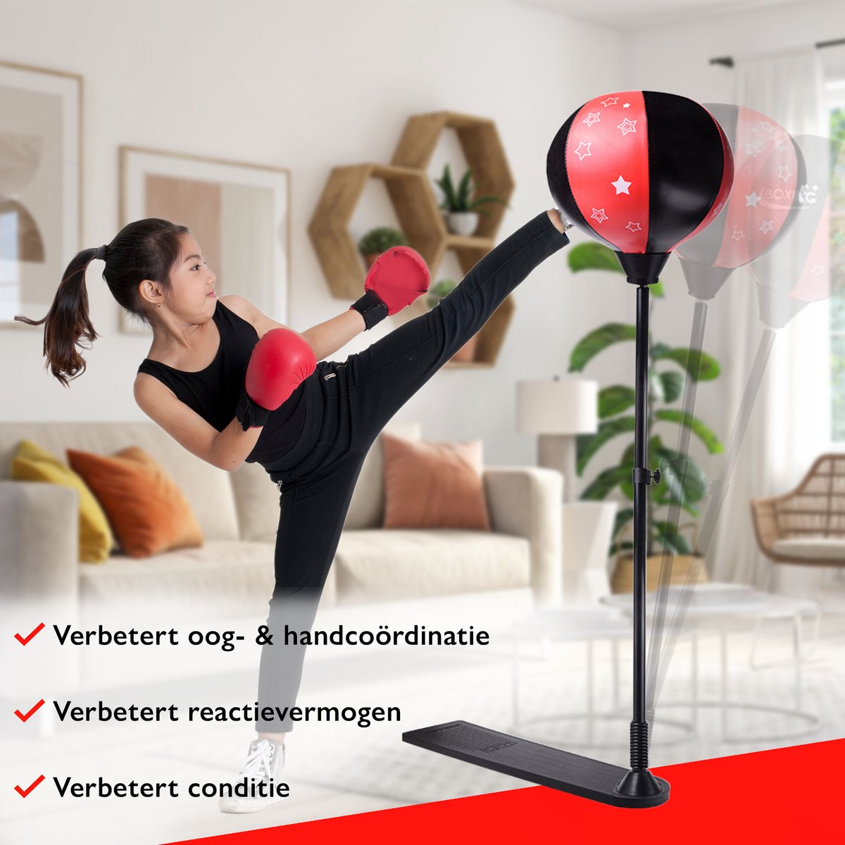 Zoluko Boksbal op Voet voor Kinderen - Incl. Bokshandschoenen en Opblaaspompje - Verstelbaar in Hoogte - Voor Binnen en Buiten - Boksbal op Standaard - Bokstrainer – Bokspaal - Boksset Kinderen - Boksbal Staand - Boxing - Thuis sporten - Zwart/Rood