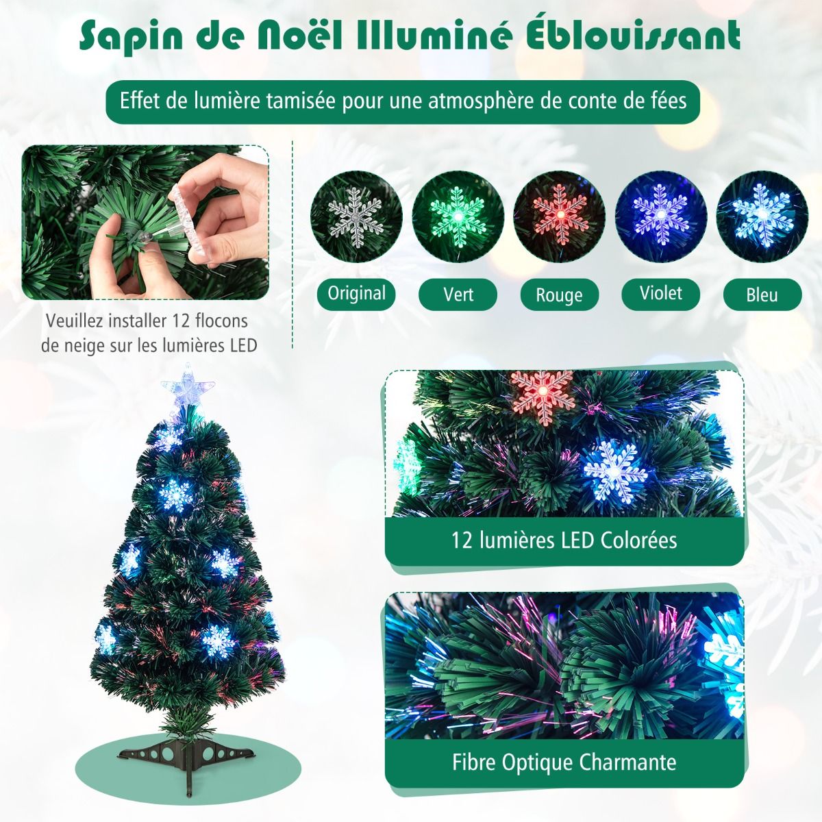 Kunstkerstboom met glasvezel verlichting en decoratie - Kerstboom - Kerst - LED - 90 cm