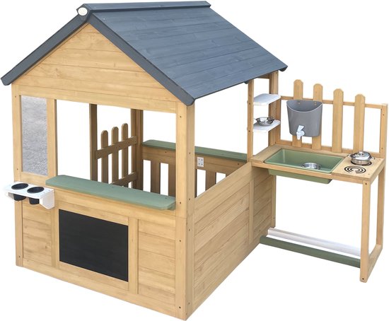 AXI Lizz Speelhuis Bruin/antraciet – Houten Speelhuisje met Speelkeuken, Krijtbord, Spiegel, Bloempotten en accessoires – FSC hout – Tuinhuisje voor Kinderen – 10 jaar garantie