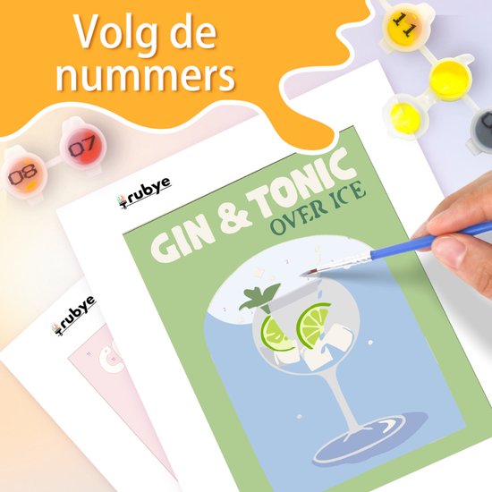 Rubye® Schilderen Op Nummer Volwassenen – Gin Tonic - Cocktails – Inclusief Verf en Penselen – Canvas Schildersdoek - Kleuren op Nummer - Dubbele Set - 15x20cm