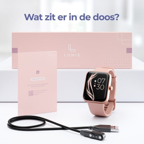 Lunis Smartwatch Dames & Heren Rosé Goud - siliconen armband - kunststof - 7/10 dagen gebruikstijd zonder op te laden - Variatie in sportfuncties