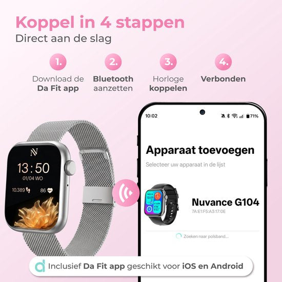 Nuvance Smartwatch Dames - Smartwatch Heren - Stappenteller Horloge Dames - Hartslagmeter - Sporthorloge - Geschikt voor iOS/Android - AMOLED - Incl. 5 Bandjes - Zilver