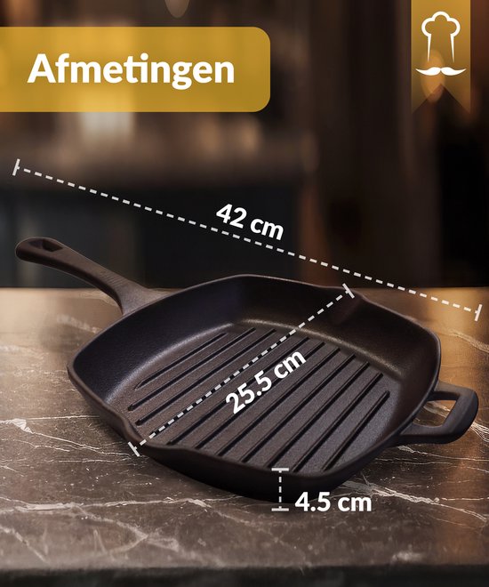 Chefarone Gietijzeren Grillpan – 25,5 cm – Voor Inductie, Gas, Oven & BBQ – Vierkante Grillpan met Ribbels – Perfecte Grillstrepen & Warmteverdeling – Pan met Handgreep