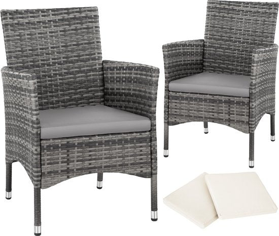 Tectake Wicker Tuinstoelen – 2 Stuks, Incl. 4 Kussenhoezen, Draagvermogen 120 kg – 59 x 57 x 85 cm – Grijs